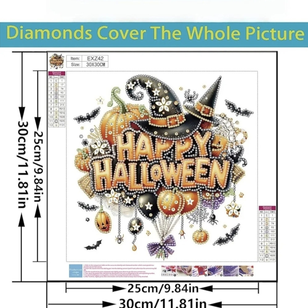 Happy Halloween Witch Hat Balloons 5D Gemstone Crystal Diamond Painting Kit - Picture 5 of 7